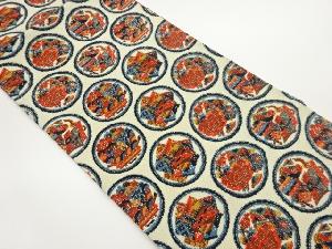 縮緬地型染丸文に花々・玩具模様全通袋帯